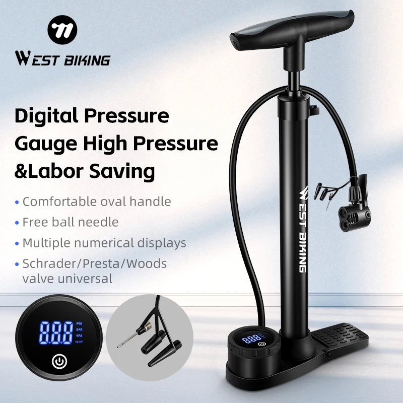 WEST BIKING Bicycle Floor Pump With Electronic Gauge 150PSI High Pressure Bike Air Pump Schrader Presta Road MTB Tire Inflator