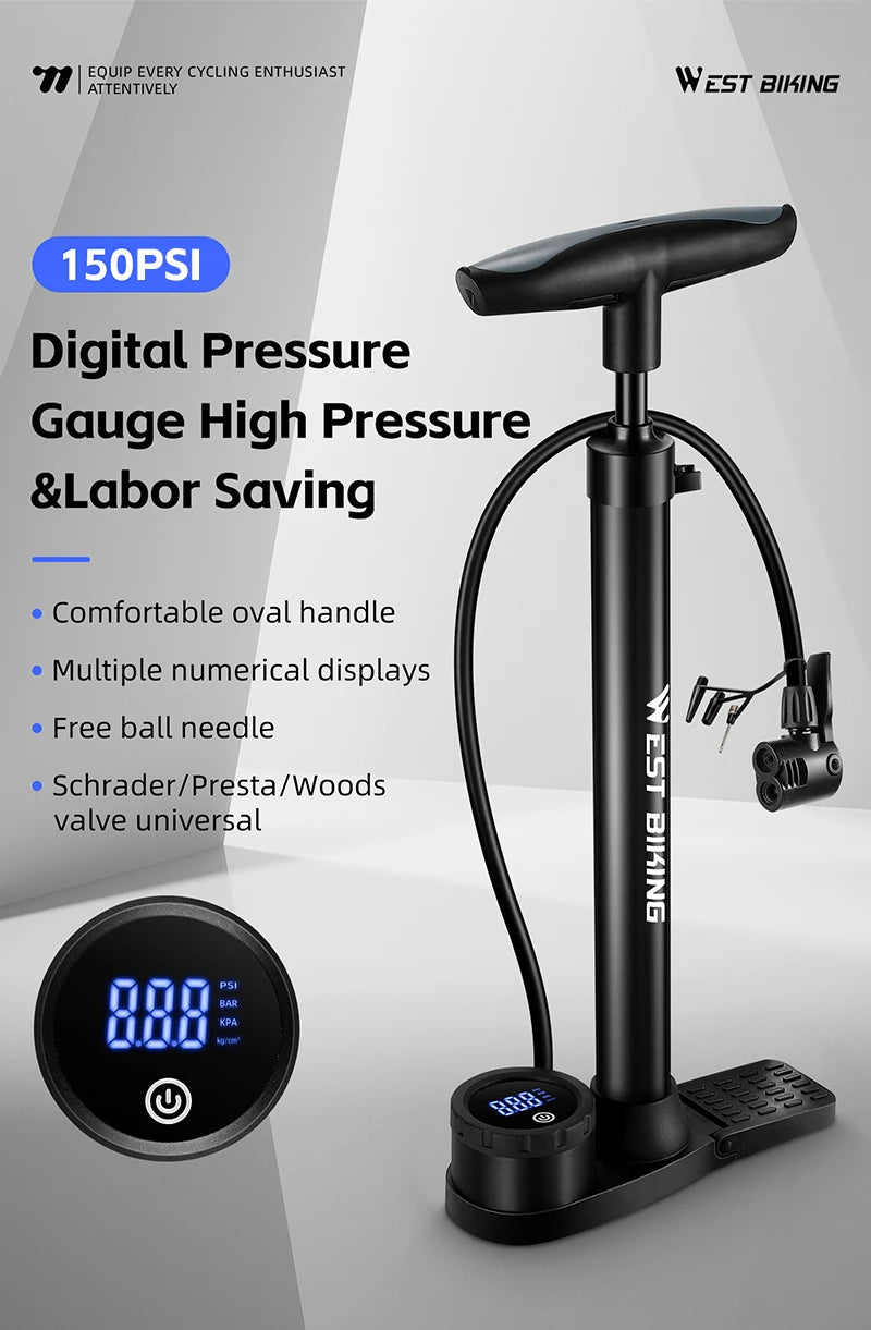 WEST BIKING Bicycle Floor Pump With Electronic Gauge 150PSI High Pressure Bike Air Pump Schrader Presta Road MTB Tire Inflator