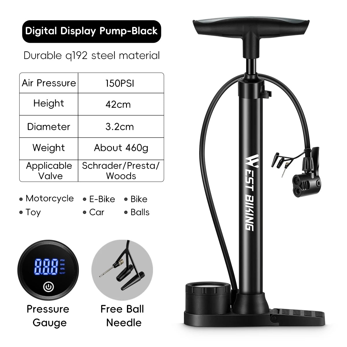 WEST BIKING Bicycle Floor Pump With Electronic Gauge 150PSI High Pressure Bike Air Pump Schrader Presta Road MTB Tire Inflator